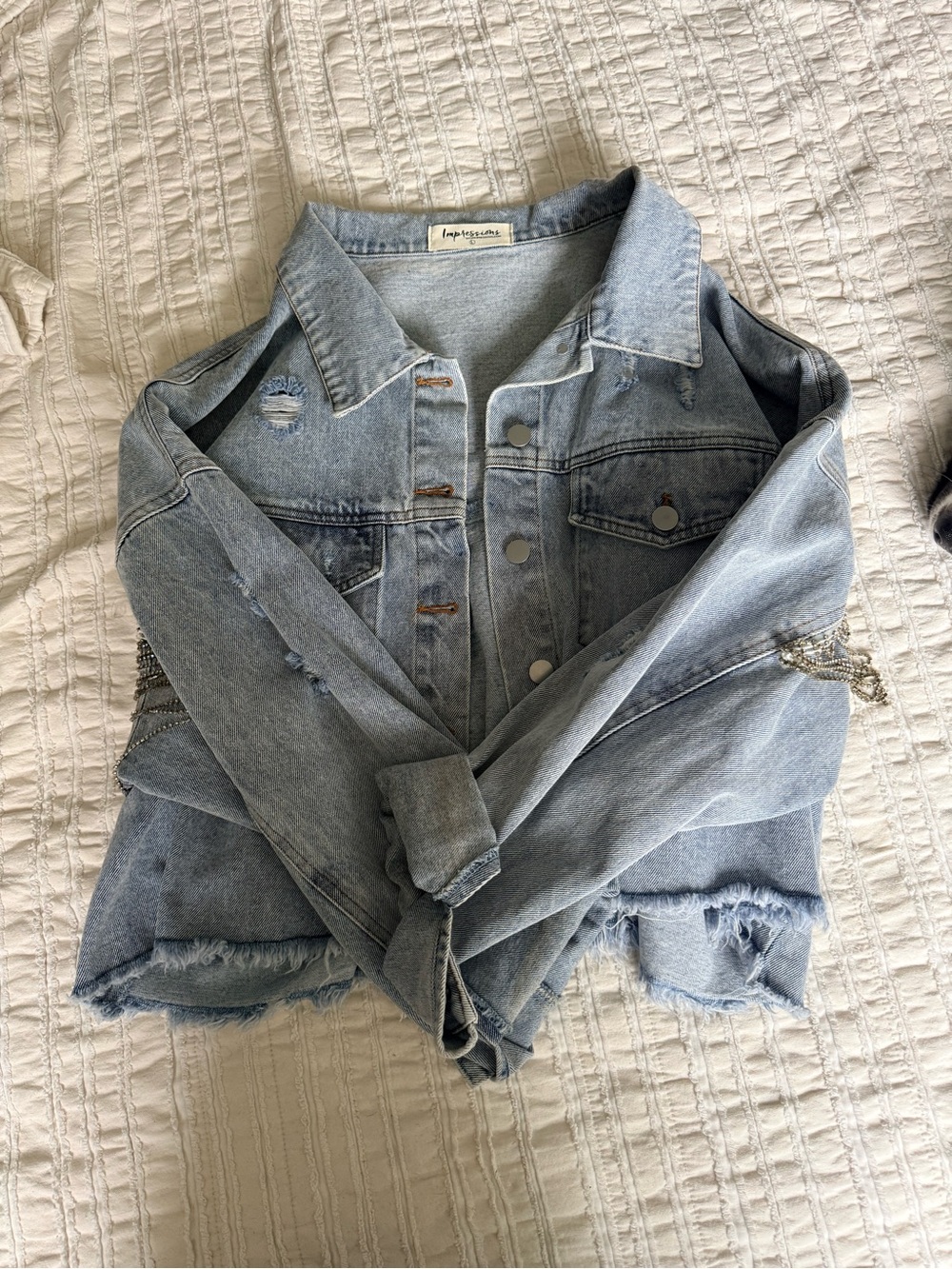 Impressions Light Blue Distressed Denim Jacket with Frayed Hem